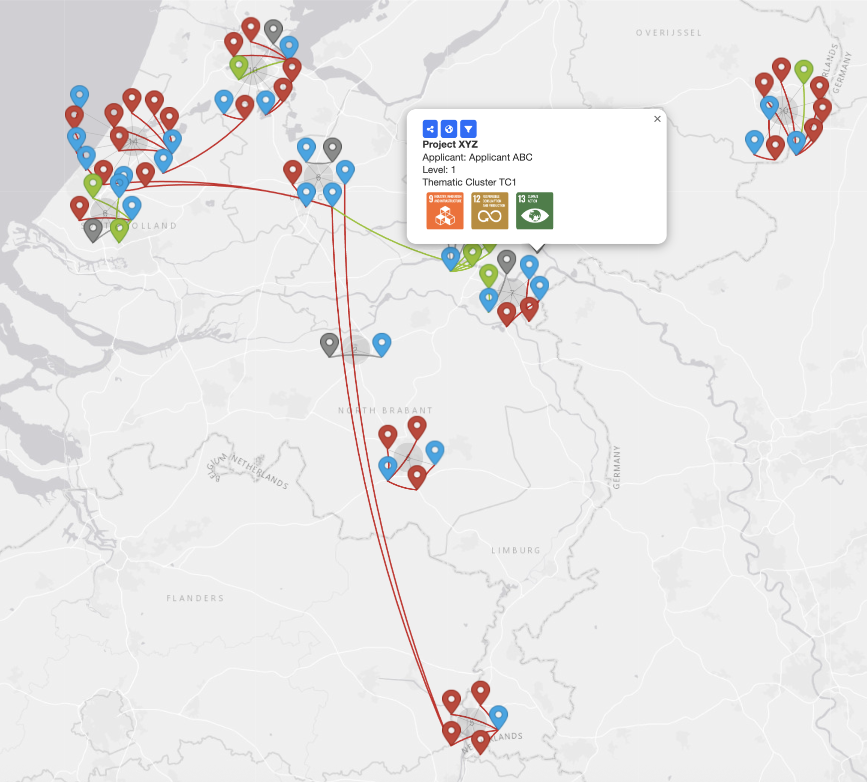 A map showing relationships between projects and organisations, with a popup that displays more (meta-) data including links to sustainable development goals.