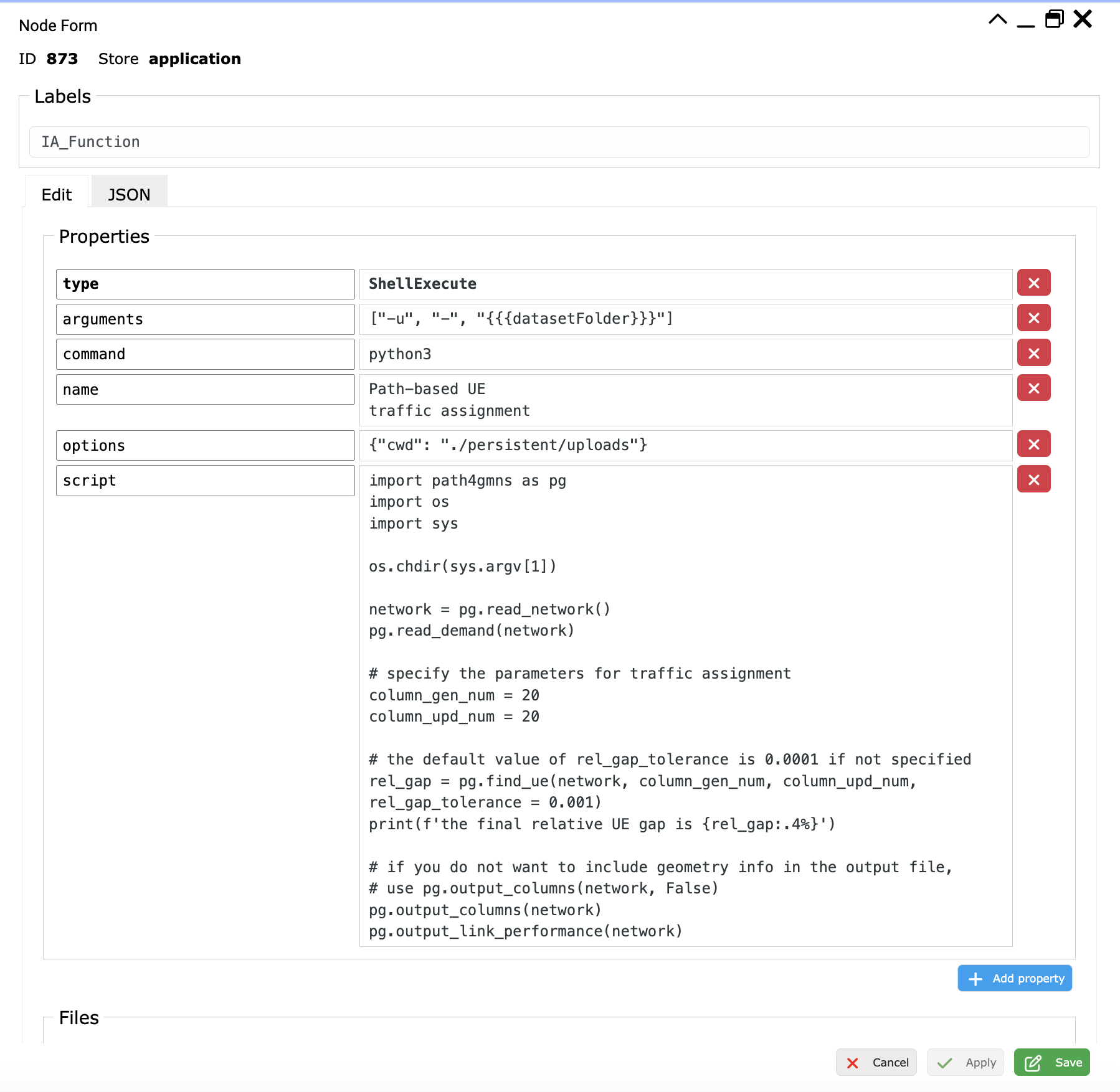 ShellExecute node, configured to run the Path-based UE traffic assignment script