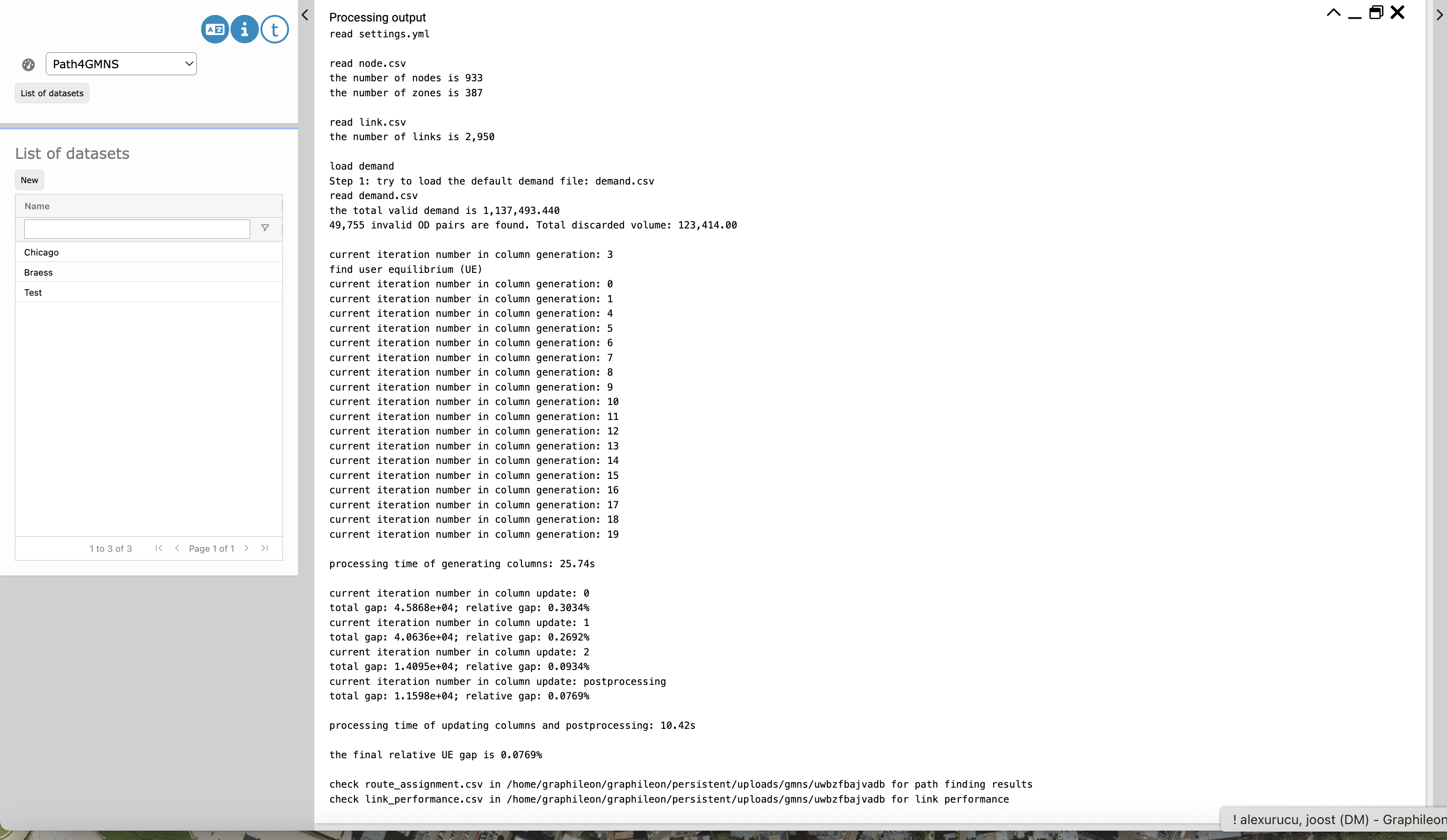 Server feedback from the Path4GMNS script is streamed to the user interface.